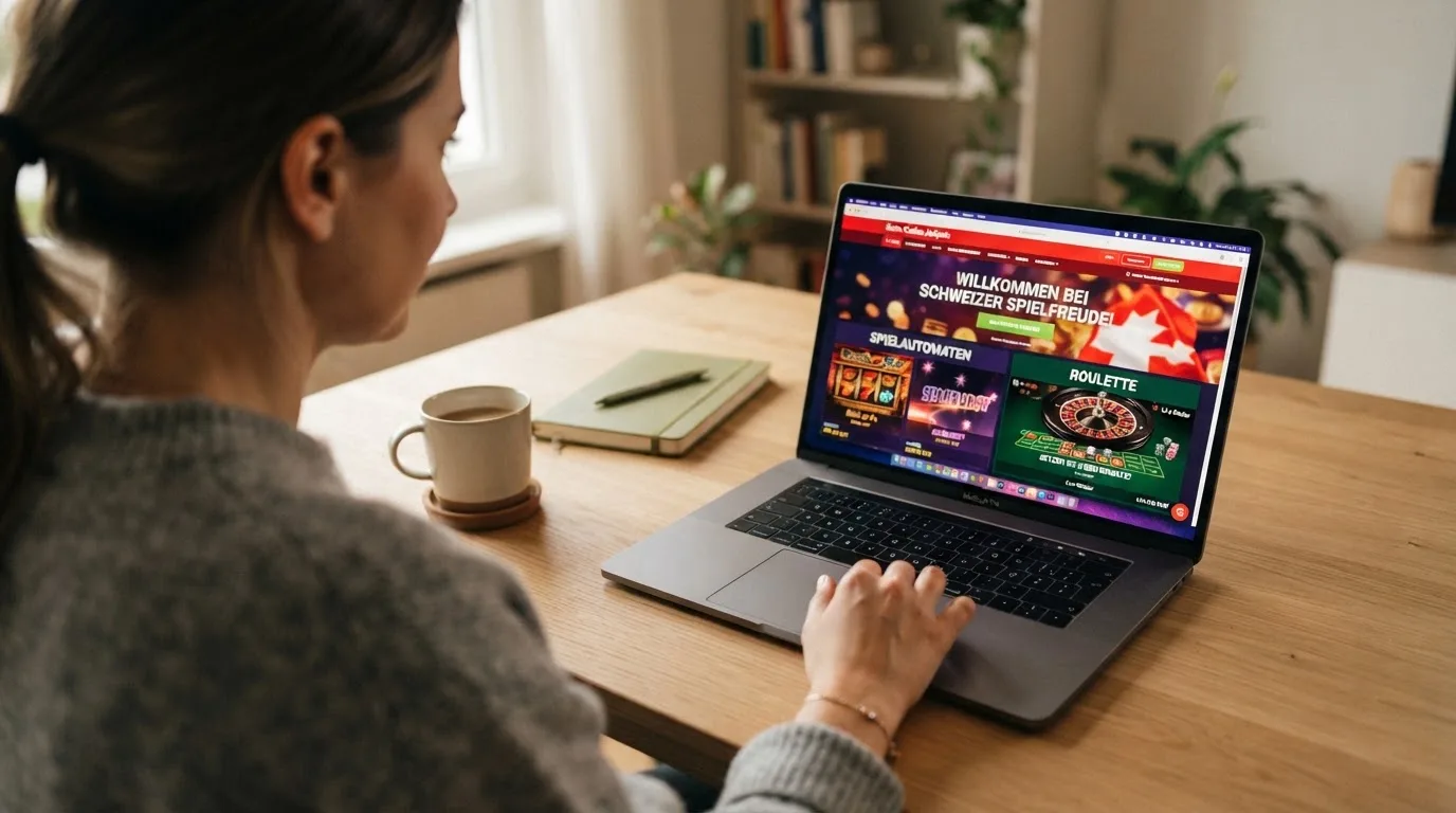 Person am Laptop liest eine Übersichtsseite zu Geldspielen im Internet — 10 franken bonus ohne einzahlung casino