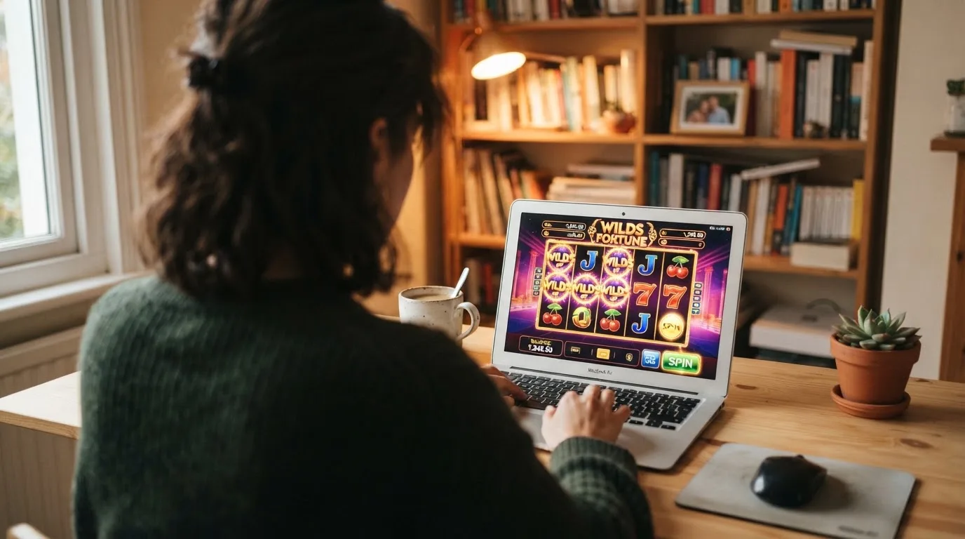 Person am Laptop liest eine Übersichtsseite zu Geldspielen im Internet — 15 franken bonus ohne einzahlung casino