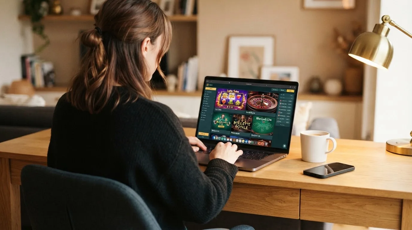 Person am Laptop liest eine Übersichtsseite zu Geldspielen im Internet — 20 franken bonus ohne einzahlung casino