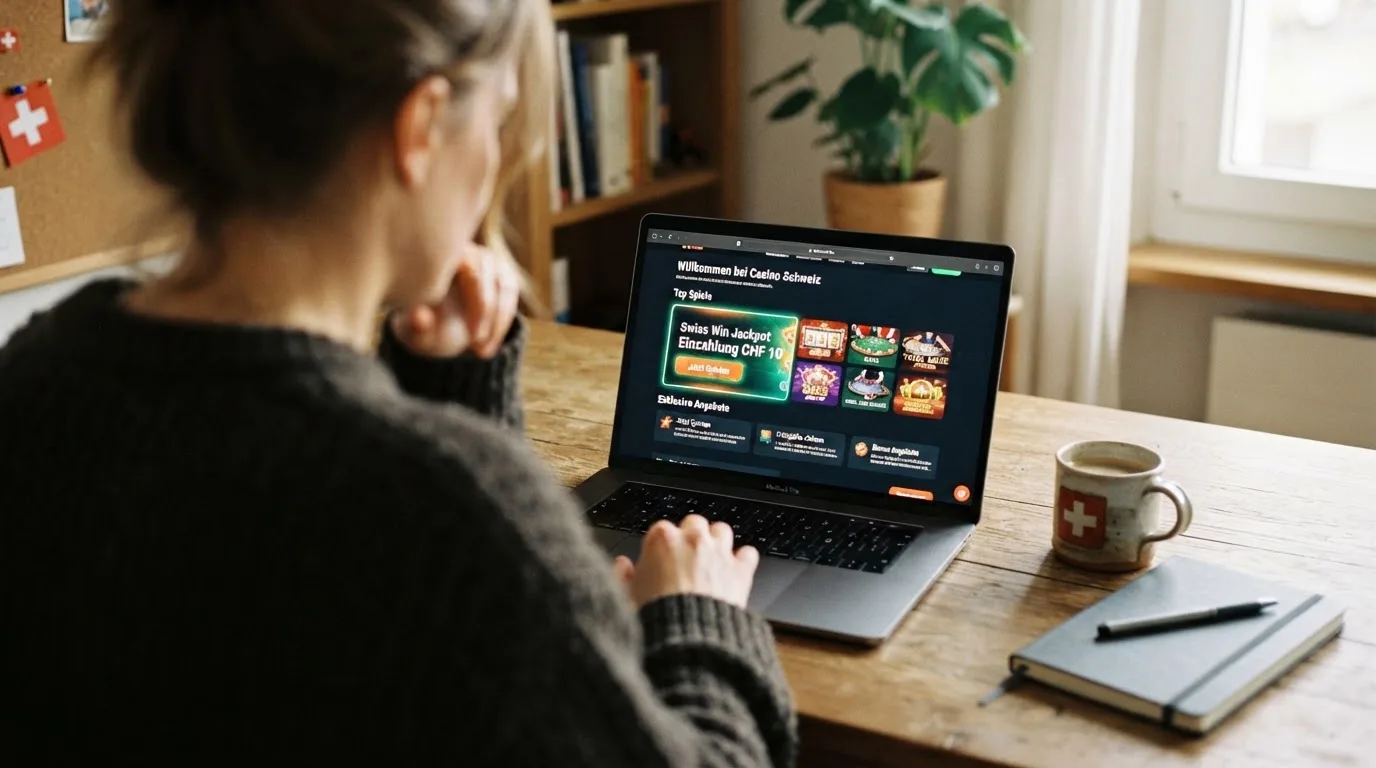 Person am Laptop liest eine Übersichtsseite zu Geldspielen im Internet — 30 franken bonus ohne einzahlung casino