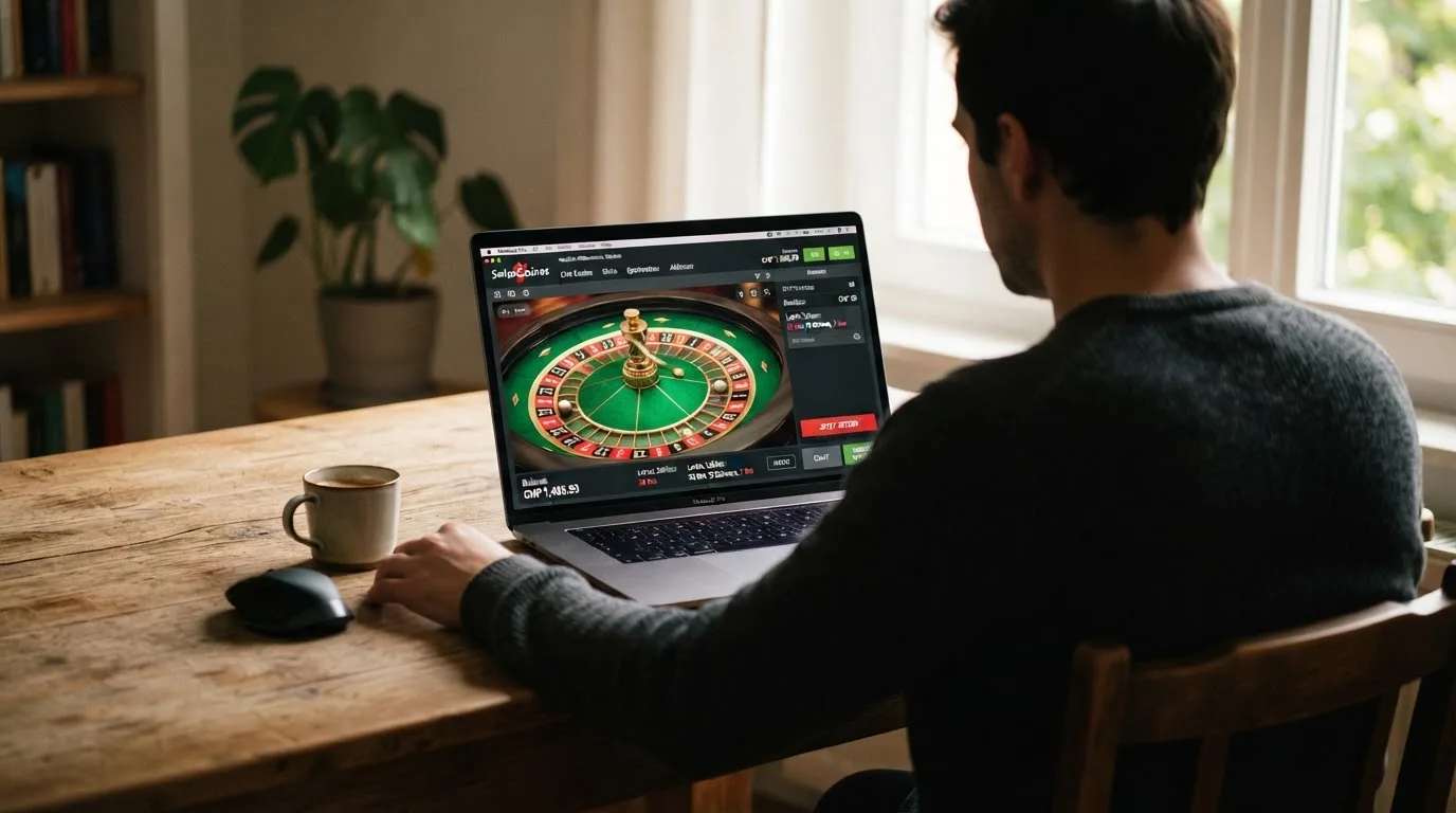 Person am Laptop liest eine Übersichtsseite zu Geldspielen im Internet — 40 franken bonus ohne einzahlung casino