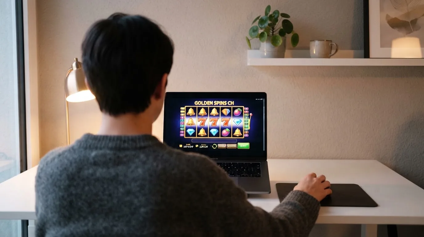 Person am Laptop liest eine Übersichtsseite zu Geldspielen im Internet — 5 franken bonus ohne einzahlung casino
