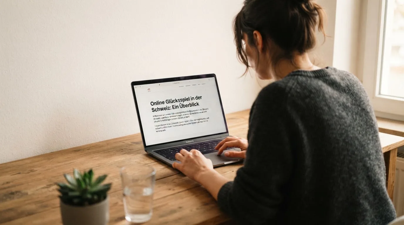 Person am Laptop liest eine Übersichtsseite zu Geldspielen im Internet — best crypto casino schweiz