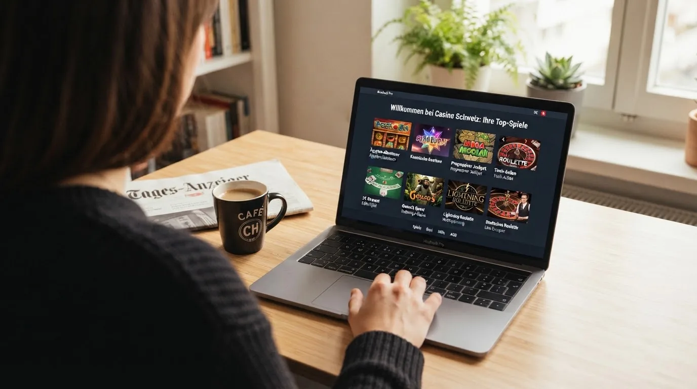 Person am Laptop liest eine Übersichtsseite zu Geldspielen im Internet — beste ausländische casinos für schweizer spieler