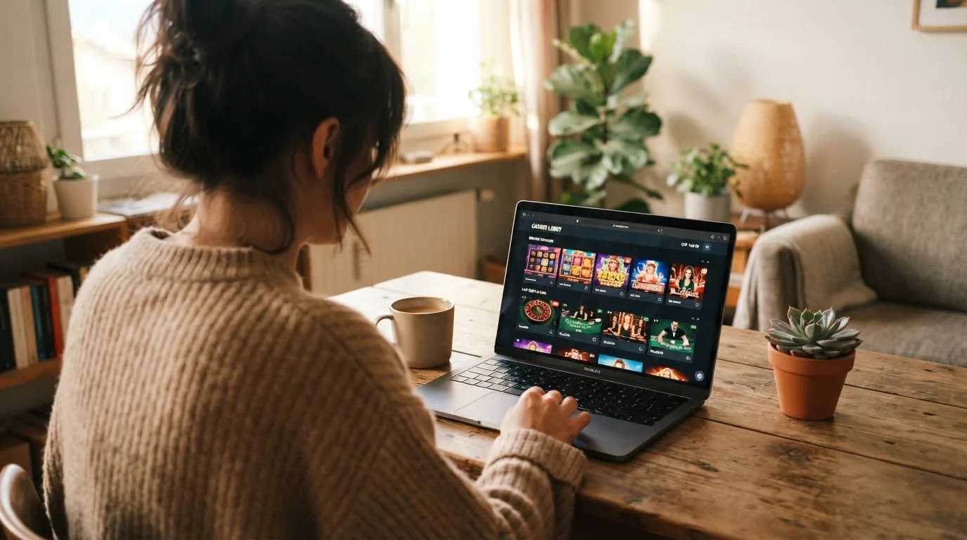 Person am Laptop liest eine Übersichtsseite zu Geldspielen im Internet — beste auszahlungsquote online casino