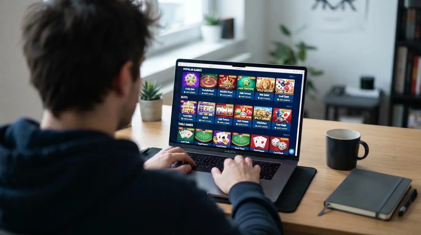 Person am Laptop liest eine Übersichtsseite zu Geldspielen im Internet — beste casino mit schneller auszahlung