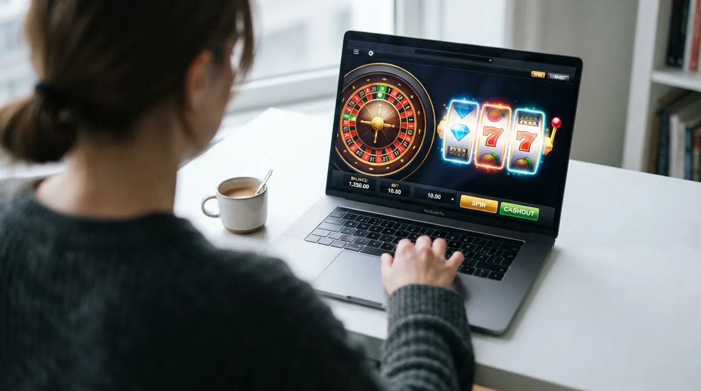 Person am Laptop liest eine Übersichtsseite zu Geldspielen im Internet — beste casino ohne verifizierung auszahlen