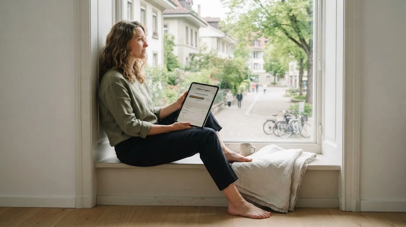 Frau sitzt mit einem Tablet auf einer Fensterbank, Blick nach draussen auf eine ruhige Strasse.