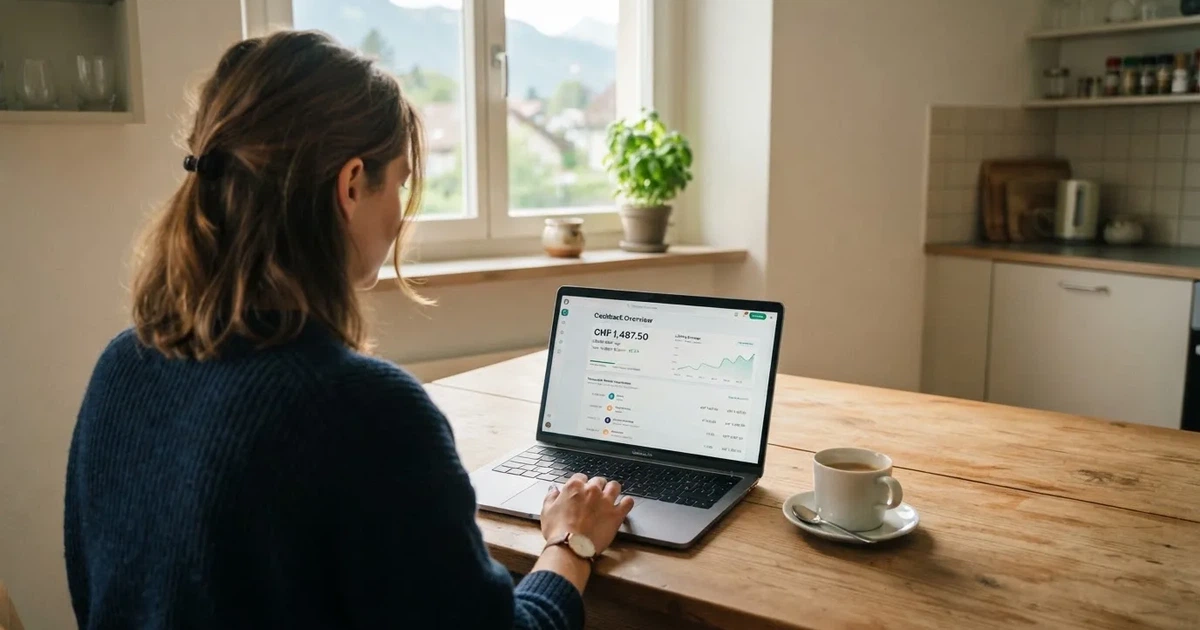 Person prüft an einem Küchentisch eine Kontoübersicht auf dem Laptop, Kaffeetasse steht griffbereit daneben.