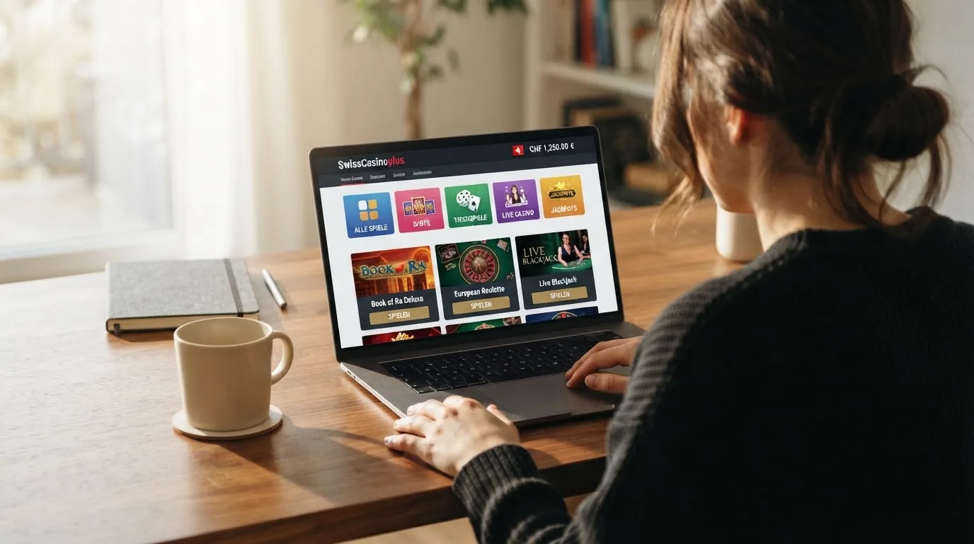 Person am Laptop liest eine Übersichtsseite zu Geldspielen im Internet — beste craps online casinos schweiz