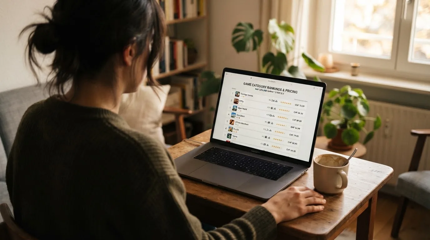 Person am Laptop liest eine Übersichtsseite zu Geldspielen im Internet — beste live baccarat schweiz