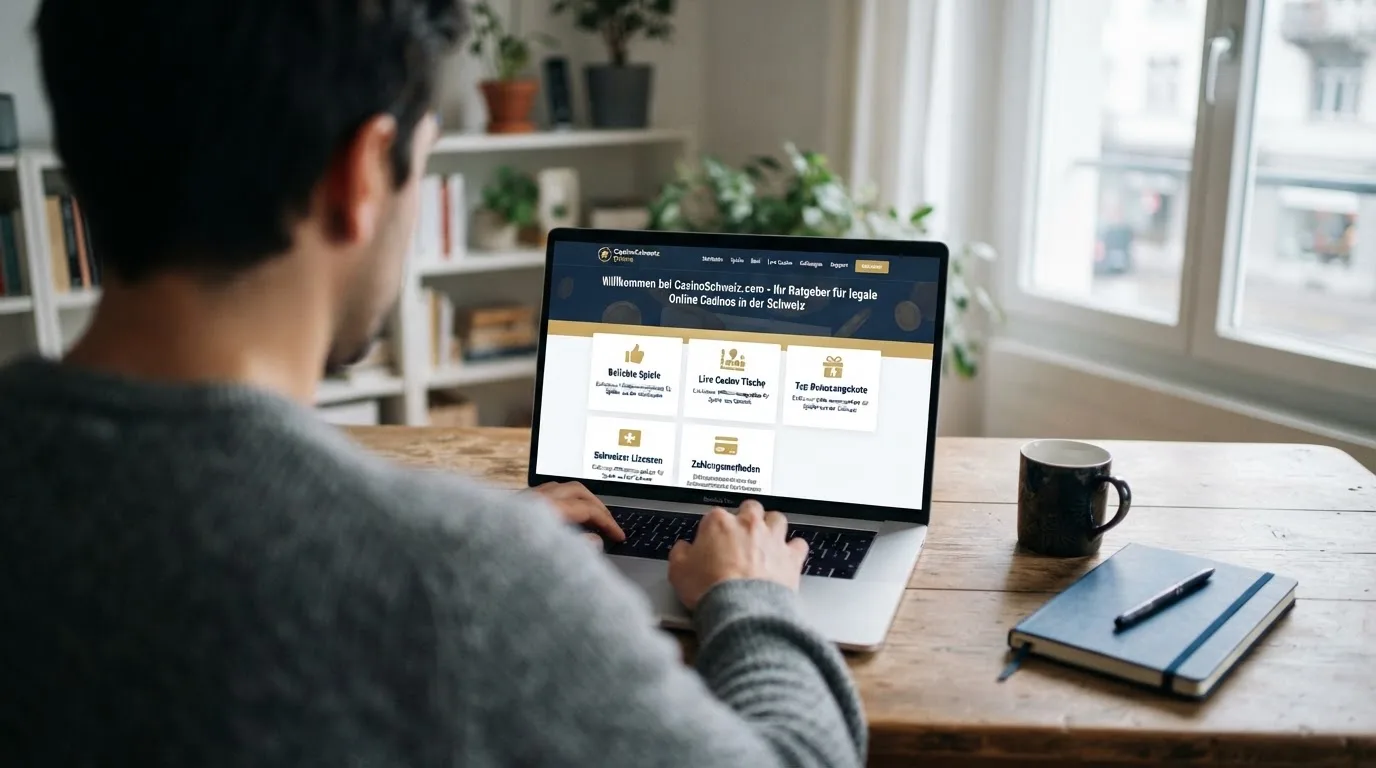 Person am Laptop liest eine Übersichtsseite zu Geldspielen im Internet — beste online casino ausland