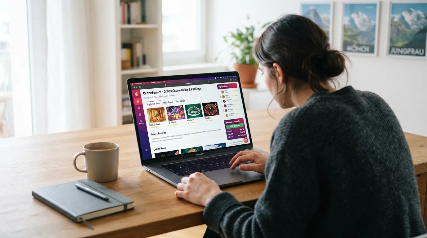 Person am Laptop liest eine Übersichtsseite zu Geldspielen im Internet — beste online casino echtgeld app