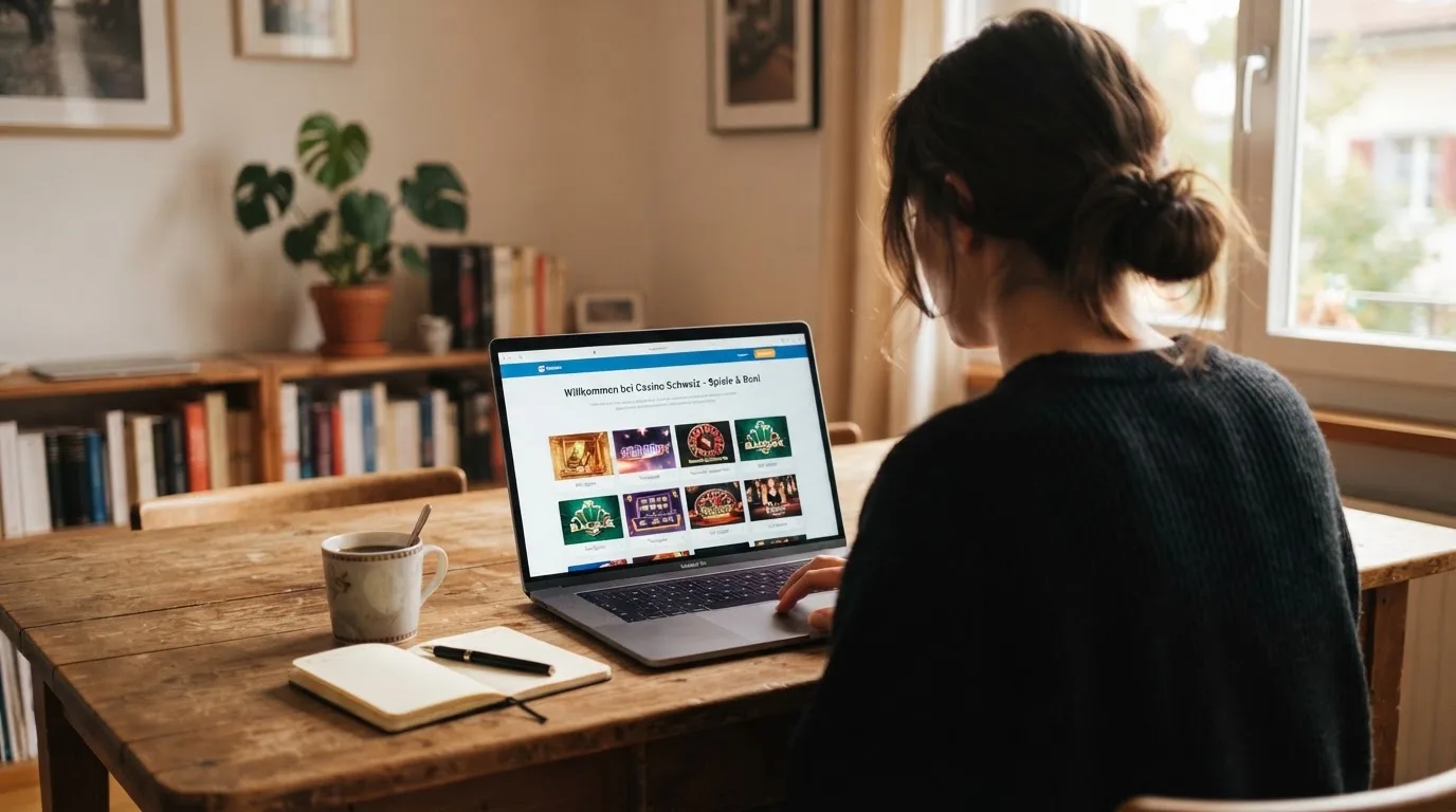 Person am Laptop liest eine Übersichtsseite zu Geldspielen im Internet — beste online casino mit apple pay bezahlen