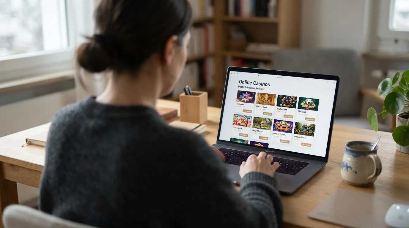 Person am Laptop liest eine Übersichtsseite zu Geldspielen im Internet — beste online casino mit cashtocode bezahlen