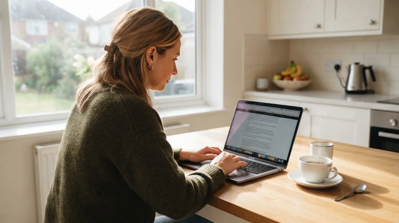 Frau sitzt am Küchentisch und liest konzentriert auf ihrem Laptop, Kaffeetasse steht daneben.