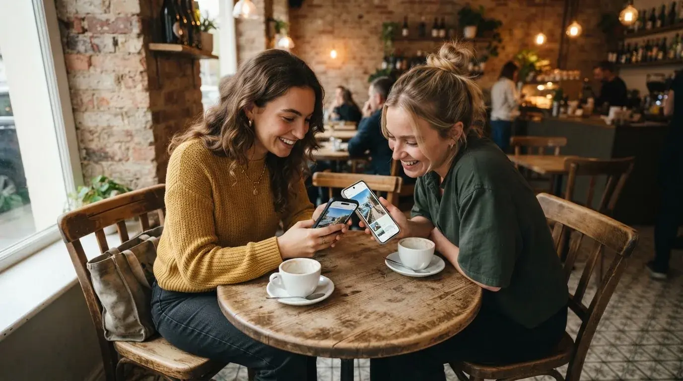 Zwei Freunde vergleichen an einem Cafétisch etwas auf ihren Smartphones, Tassen mit Kaffee stehen daneben.