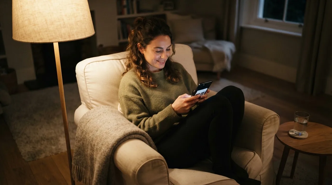 Junge Frau sitzt entspannt im Sessel und liest auf ihrem Smartphone, Stehlampe wirft warmes Licht.
