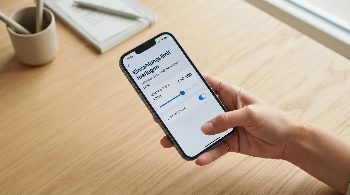 Hand hält ein Smartphone mit einem Formular zur Einzahlungsgrenze, ruhige Stimmung — beste online casino schweiz