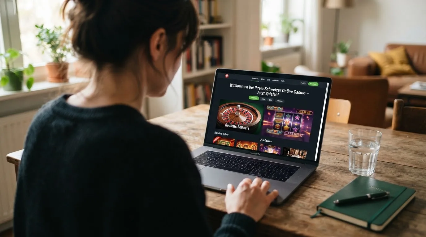 Person am Laptop liest eine Übersichtsseite zu Geldspielen im Internet — beste online casinos ohne verifizierung