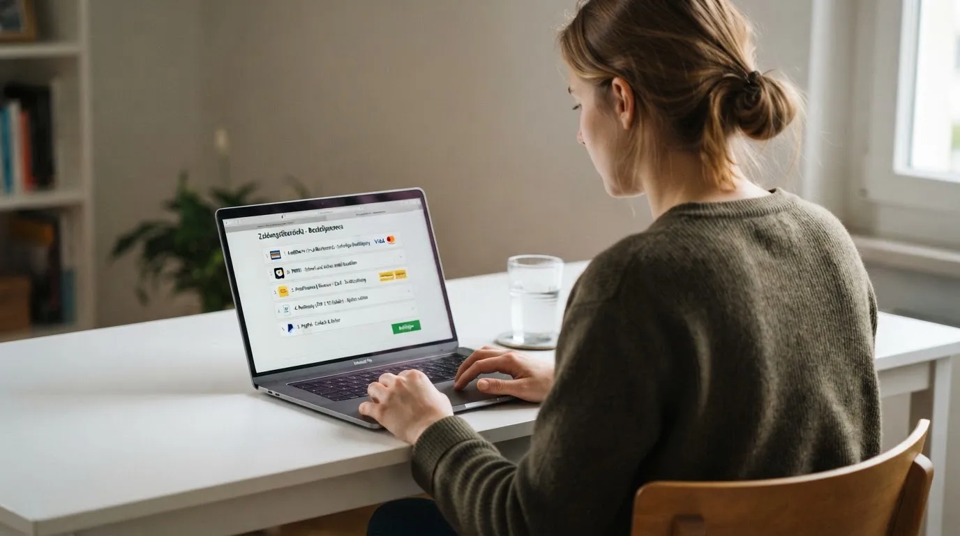 Person am Laptop liest eine Übersichtsseite zu Geldspielen im Internet — beste online casinos schweiz mit no deposit bonus