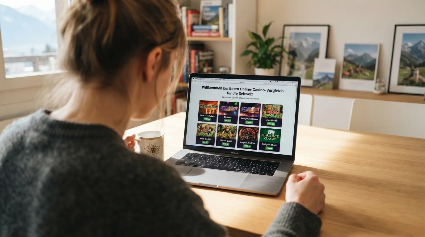 Person am Laptop liest eine Übersichtsseite zu Geldspielen im Internet — binance coin casino vergleich