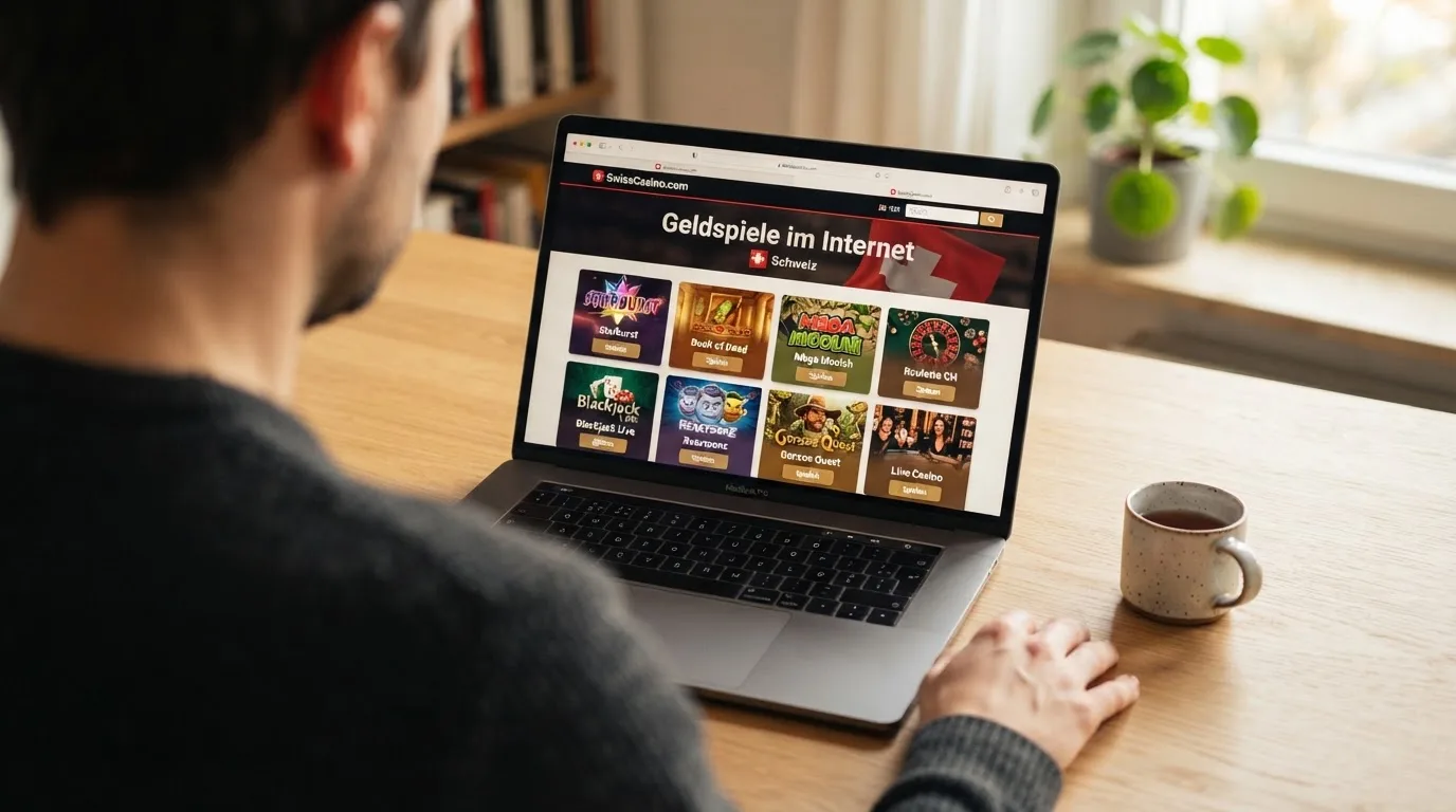 Person am Laptop liest eine Übersichtsseite zu Geldspielen im Internet — casino bonus ohne einzahlung