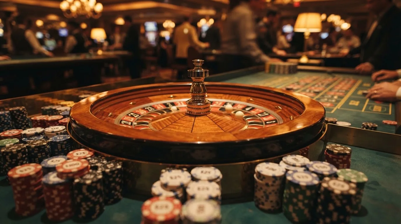 Roulettekessel und Jetons auf grünem Filz in warmem Abendlicht — casino mit hoher gewinnchance