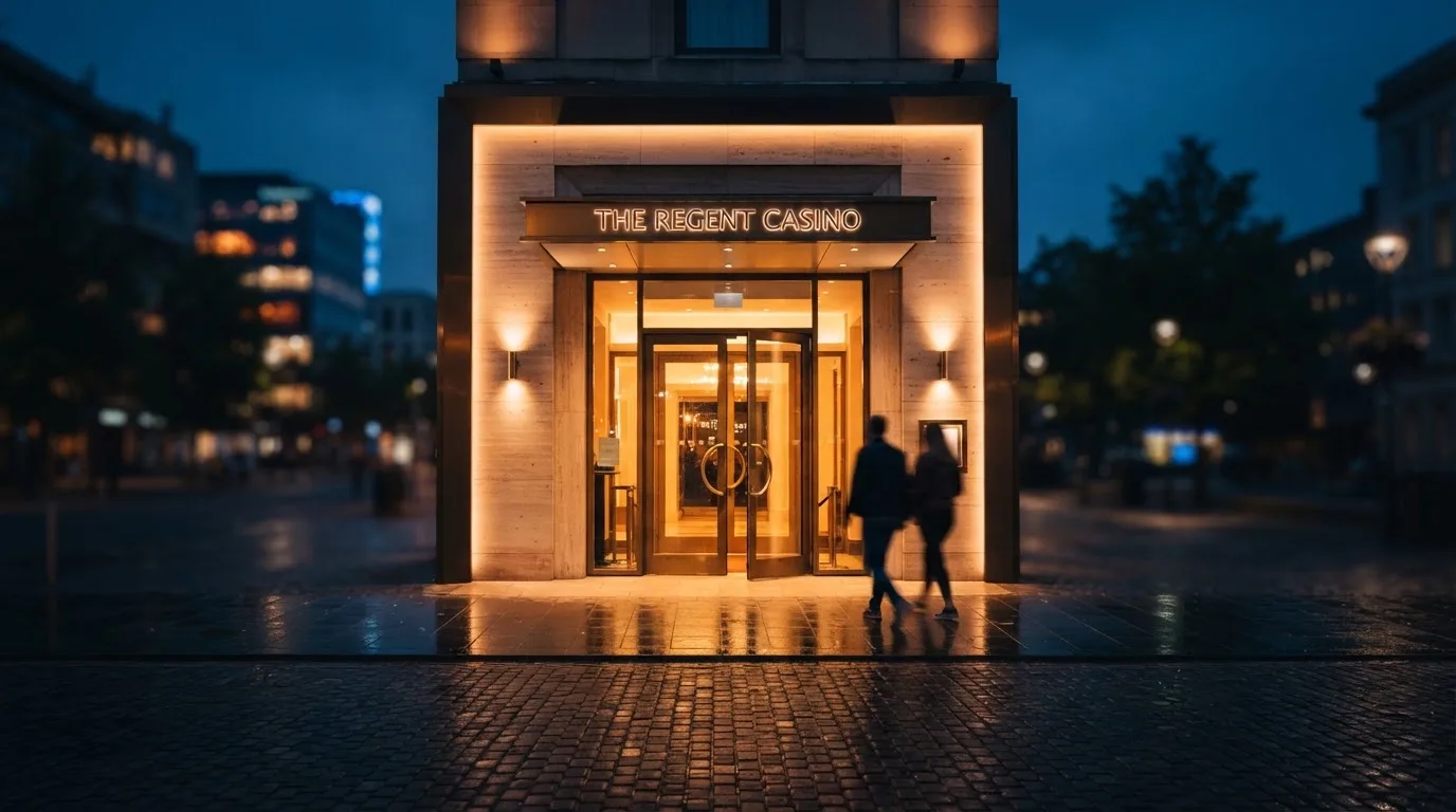 Warm beleuchteter Eingang eines Spielcasinos am Abend, von der Strasse aus gesehen — casino mit hoher gewinnchance