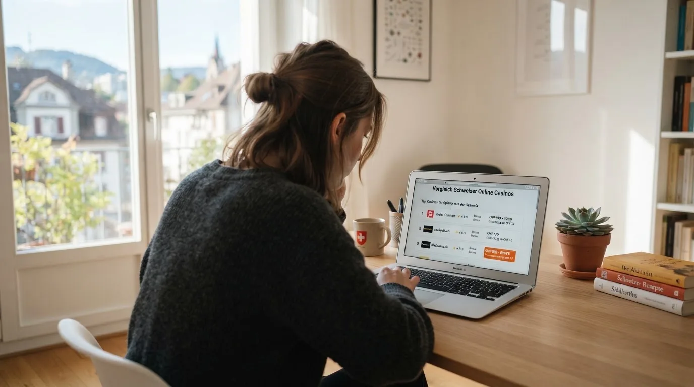 Person am Laptop liest eine Übersichtsseite zu Geldspielen im Internet — casino online mit bonus ohne einzahlung