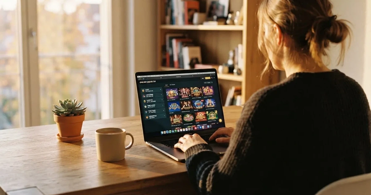 Person am Laptop liest eine Übersichtsseite zu Geldspielen im Internet — freie 90 tage qualifikationszeitraum casino