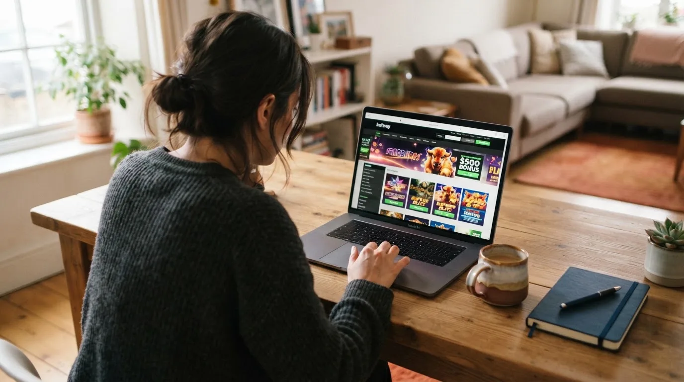 Person am Laptop liest eine Übersichtsseite zu Geldspielen im Internet — online casino bonus ohne einzahlung ohne download
