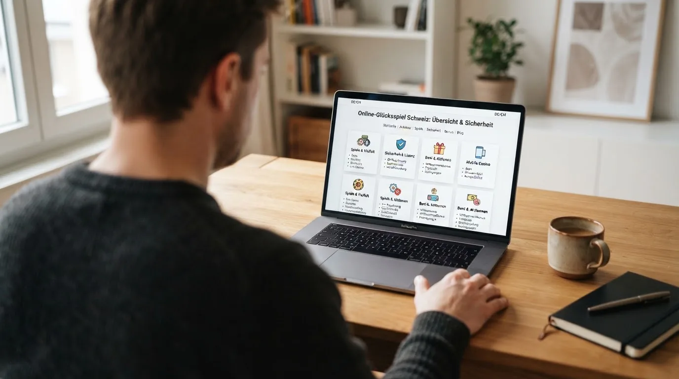 Person am Laptop liest eine Übersichtsseite zu Geldspielen im Internet — online casino bonus ohne einzahlung sofort