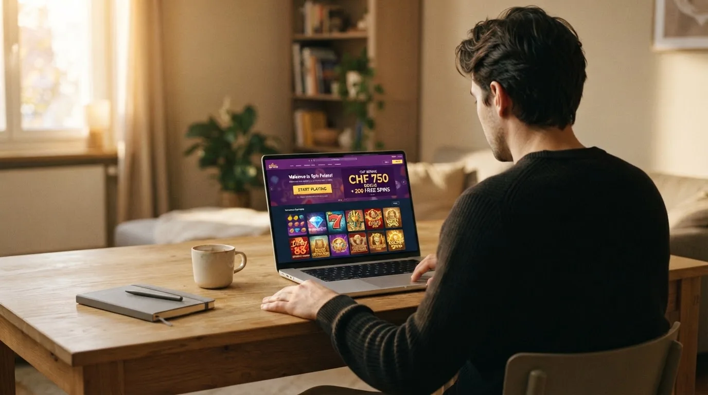 Person am Laptop liest eine Übersichtsseite zu Geldspielen im Internet — online casino bonusbedingungen