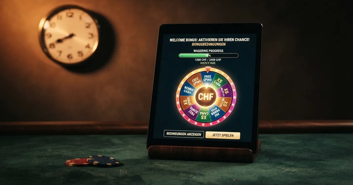 Bildschirm mit Bonusbedingungen, Einsatztabelle und einer Uhr im Hintergrund — online casino bonusbedingungen
