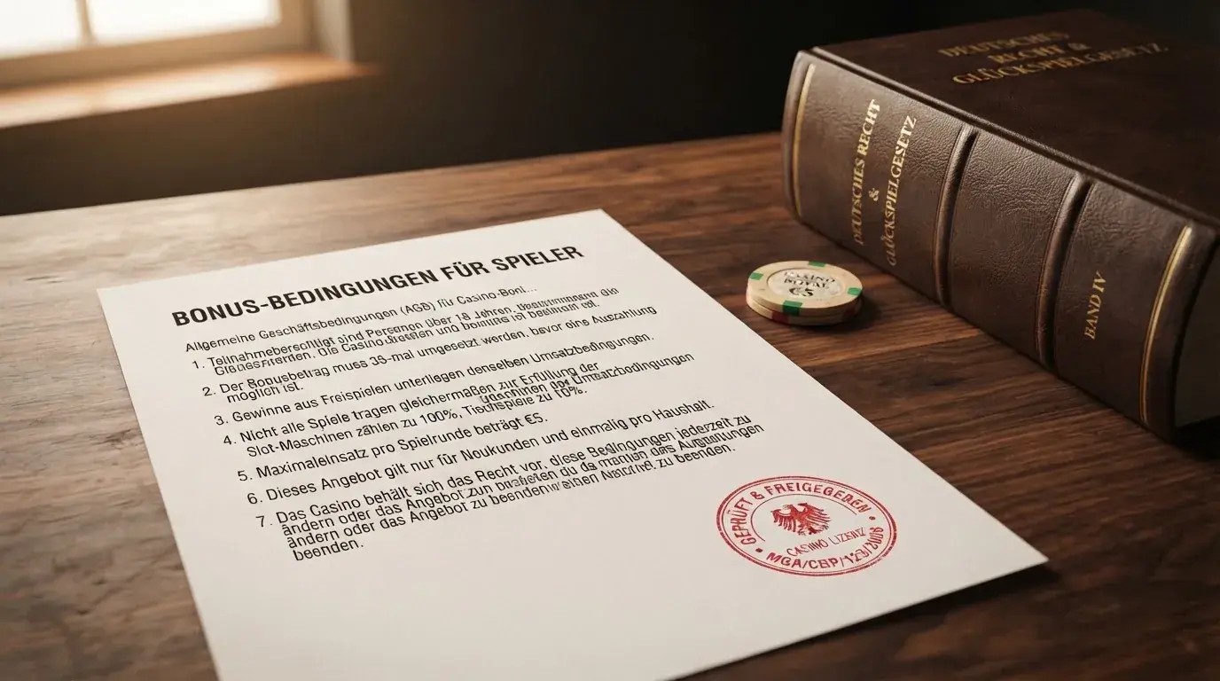 Amtliches Schreiben mit Stempel auf einem Schreibtisch neben einem Gesetzbuch — online casino bonusbedingungen