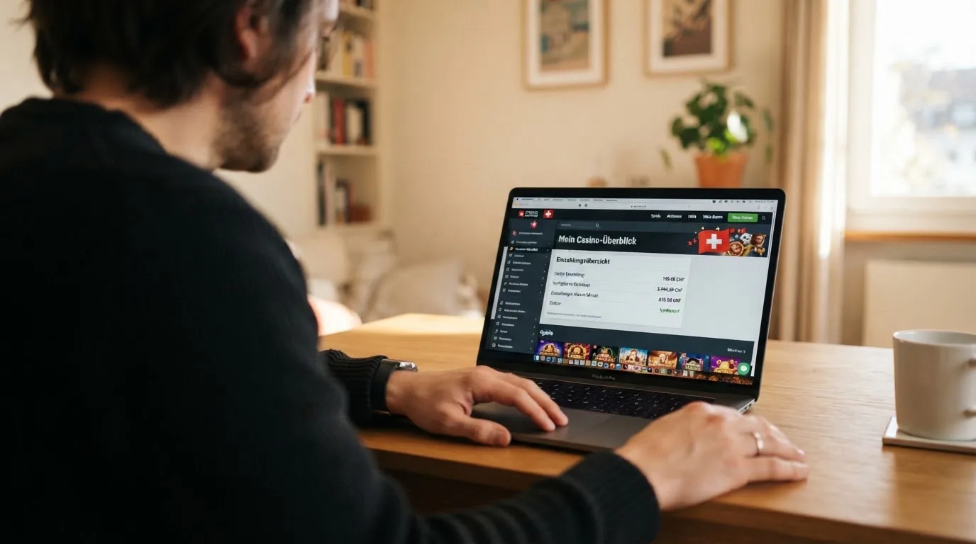 Person am Laptop liest eine Übersichtsseite zu Geldspielen im Internet — online casino einzahlungsbonus
