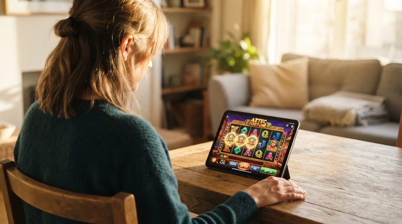 Frau sitzt am Wohnzimmertisch und schaut konzentriert auf ihr Tablet, Nachmittagslicht durchs Fenster.